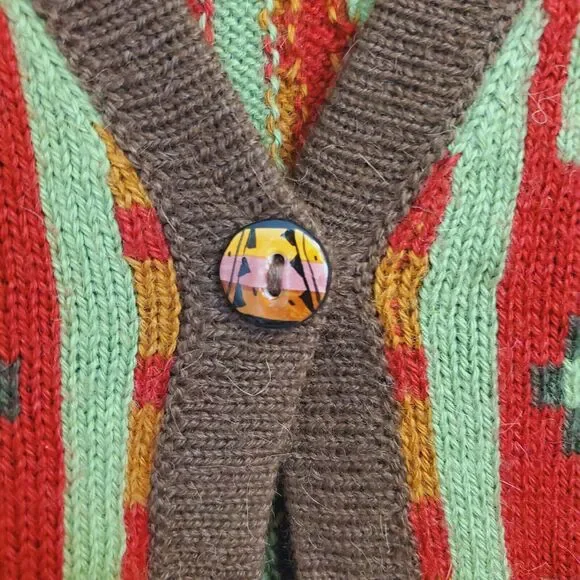 New Tey-Art ALPACA Sweater Large Cardigan Aztec Southwestern 1 Button Tabask - Picture 5 of 7